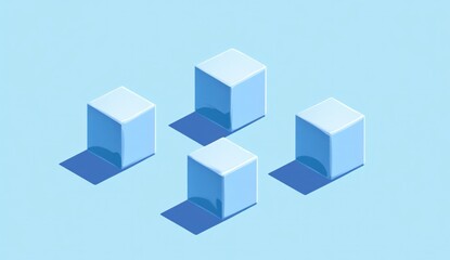 Four light blue isometric cubes arranged in a pattern on a light blue background, casting shadows.