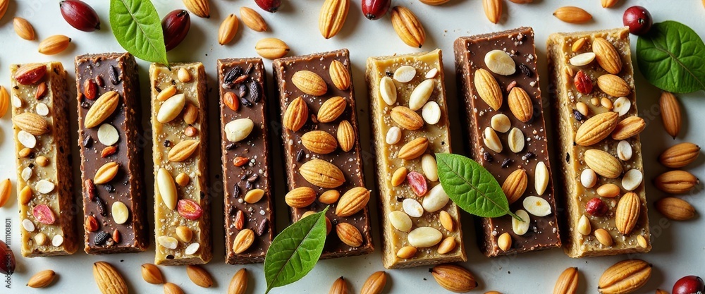 Poster a stack of granola bars with nuts on top of a blue table. the granola bars are piled on top of each 
