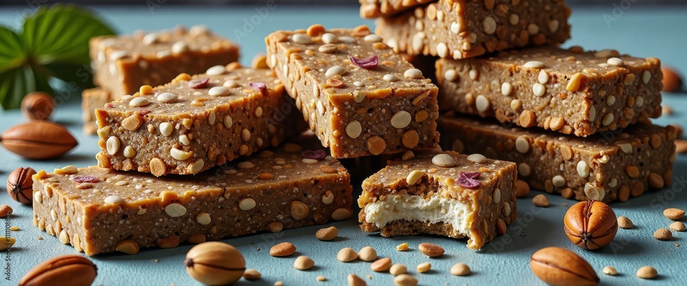 Poster a stack of granola bars with nuts on top of a blue table. the granola bars are piled on top of each 