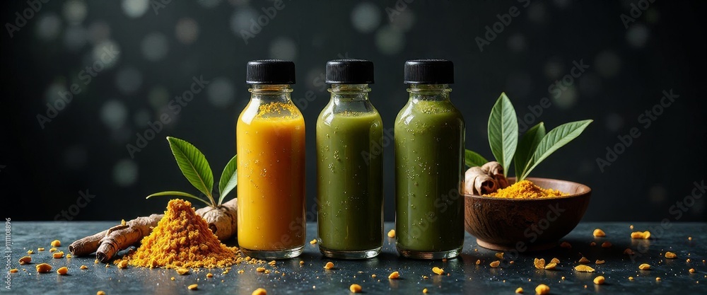 Aufkleber three bottles of different colored liquids are on a table with some spices. the bottles are yellow, 