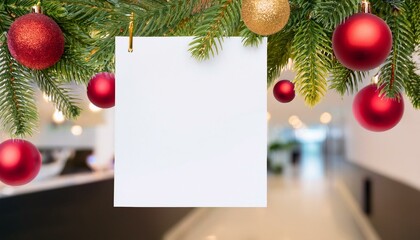 Fototapeta premium A white piece of paper hanging from a Christmas tree. Reception, office. Blurred background. Free space for text. New Year note template for business. 