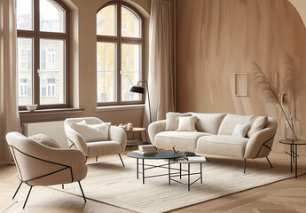 Fototapeta premium Elegant living room with neutral-toned furniture, arched windows, and light wooden accents. A serene and airy design with soft textures and modern sophistication in a bright interior space