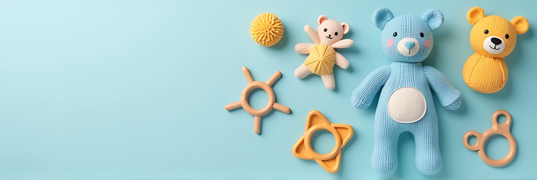 Photo of baby gifts on a soft pastel blue background, featuring toys and essentials like teething rings and knitted animals._00001_