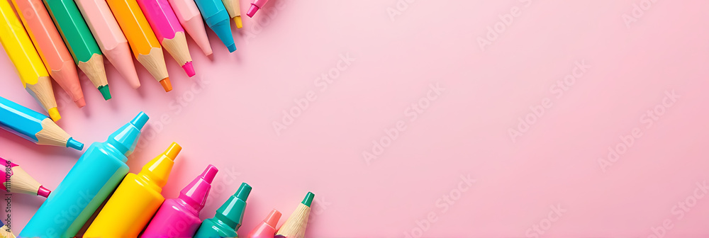 Poster pastel pink background features colorful school supplies in neat arrangement on a circular space wit
