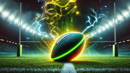 A dynamic and vibrant visualization of a rugby ball in motion, set against a stadium backdrop with colorful light effects, perfect for sports marketing or event promotion.