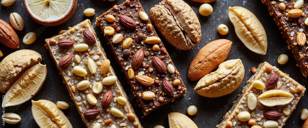 Poster a row of five different nut bars with various nuts on top. the bars are arranged in a line on a coun