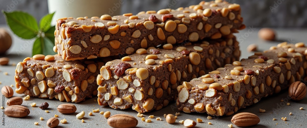 Poster a plate of nut bars with nuts scattered around them. the nut bars are stacked on top of each other, 