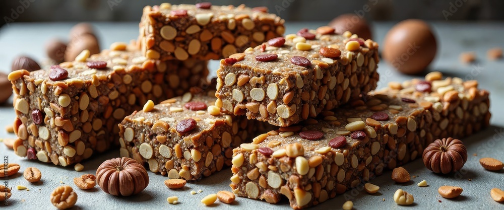 Poster a plate of nut bars with nuts scattered around them. the nut bars are stacked on top of each other, 