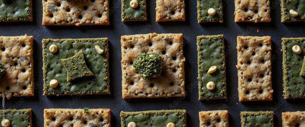 Poster a row of crackers with green and white toppings. the crackers are arranged in a grid pattern