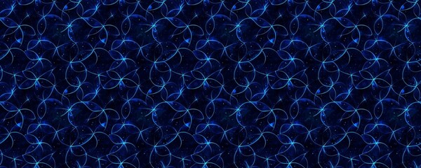 seamless pattern of Abstract glowing blue flowers dark background cosmic style fantasy design 