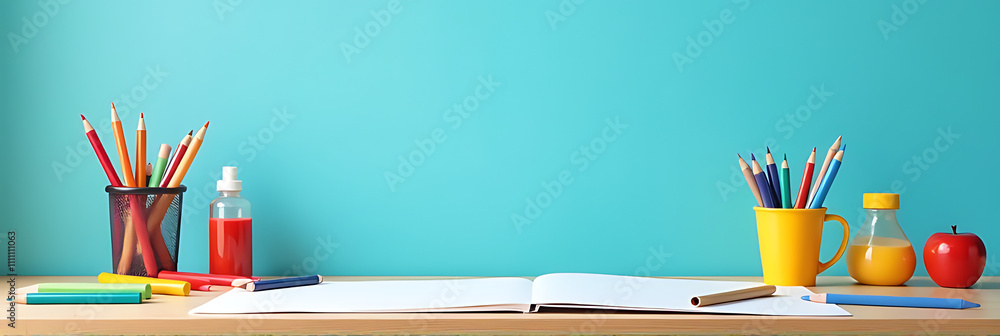 Poster elementary school art class features a colorful desk arrangement set against a soft blue backdrop wi