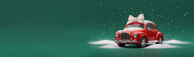 A red car decorated with a white bow stands in the snow on a green background