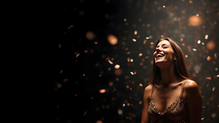Beautiful woman in the dark evening at a party with confetti and moody lighting realistic photo smiling laughing dancing happy young lady alone in a dress in a room at a club with space for text