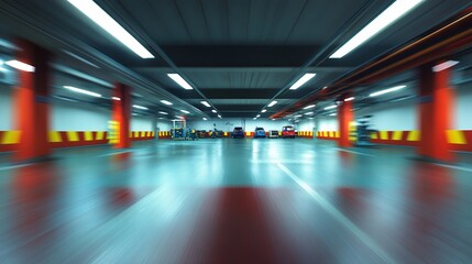 Motion-blurred perspective of an underground parking garage with vibrant red columns and fluorescent lighting creating a dynamic, futuristic atmosphere in urban infrastructure.