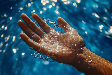 Fototapeta premium hand reaching out of water, glistening with droplets, evokes sense of tranquility and connection to nature. vibrant blue background enhances serene atmosphere