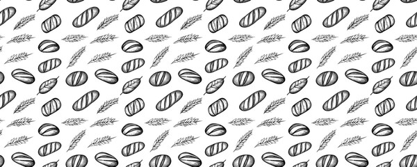 seamless pattern of Black and white hand drawn bread loaves wheat  bakery vintage style rustic appetite 