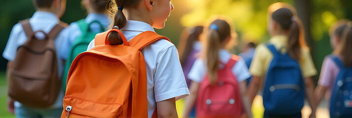 A young student with an orange backpack walks alongside classmates, representing a sense of unity and educational values in a typical school setting._00001_