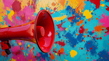 Red Megaphone on Colorful Abstract Paint Splatter Background