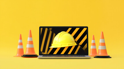 Website Under Construction  Laptop  Hard Hat  Cones
