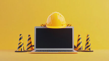 Fototapeta premium Website Under Construction Laptop Hard Hat Cones