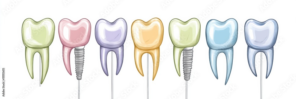 Aufkleber illustration features a row of healthy teeth alongside colorful dental implants, designed with a cle
