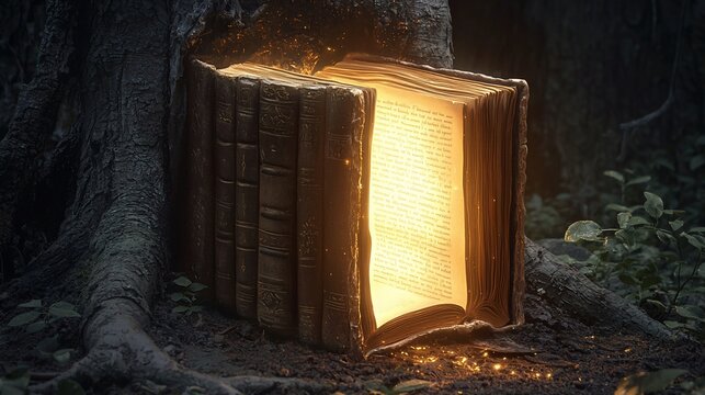 Ancient book glowing with light, nestled within a forest.