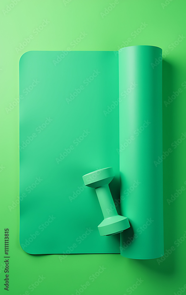 Aufkleber A top view photo shows a green exercise mat and dumbbells placed on an isolated green background with ample empty space surrounding them._00001_
