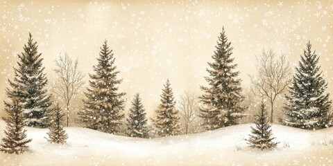 Fototapeta premium A serene snowy forest landscape with pine trees and gentle snowflakes falling against a soft beige background, evoking a peaceful winter atmosphere.
