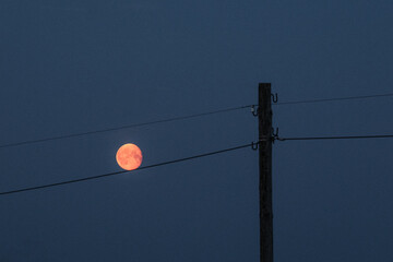 The night moon on top of a power line pole