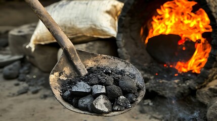 A close-up of a shovel filled with charcoal, with a flickering fire in the background showcasing the burning embers.