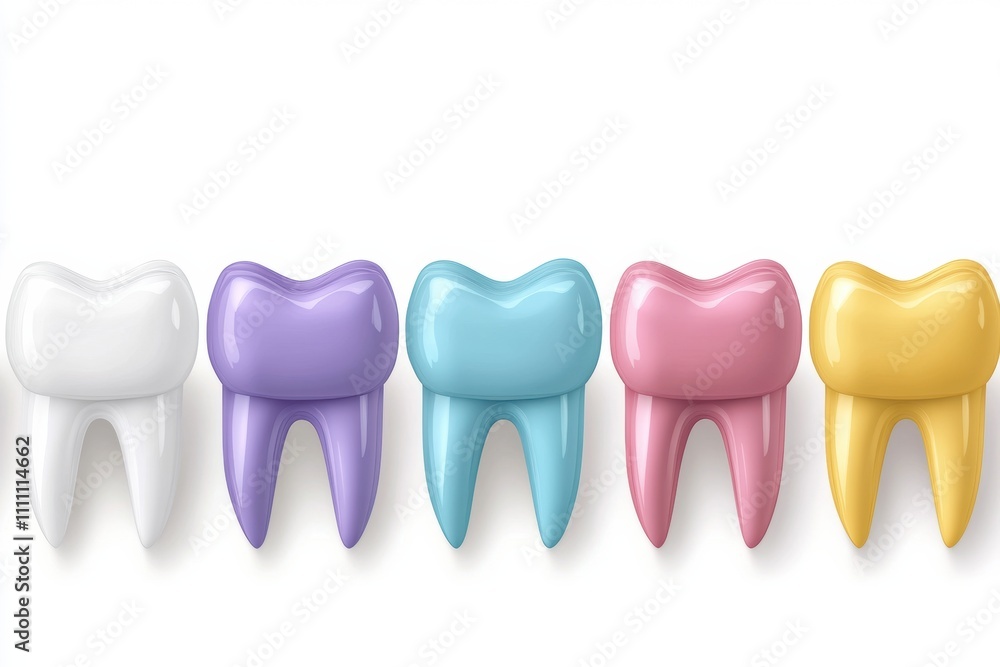 Aufkleber schematic design showing a row of healthy teeth with colored dental implants on a clean white backgr