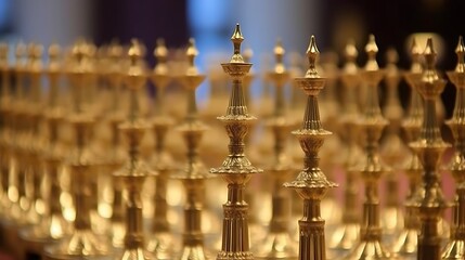 Golden Ornate Candlestick Holders Arranged In Rows