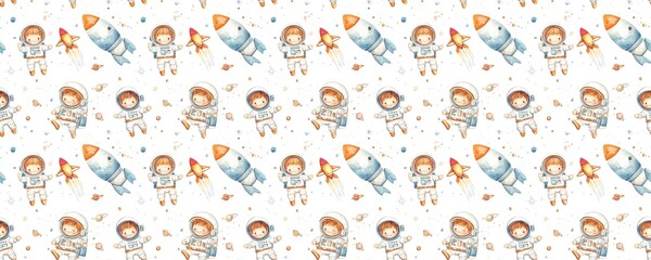 Obraz premium seamless pattern of Adorable watercolor astronauts orange rockets white background childish joy space adventure 