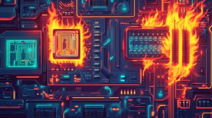 Fototapeta premium Cyberpunk Circuitry Overheating with Flames, cyberpunk , futuristic