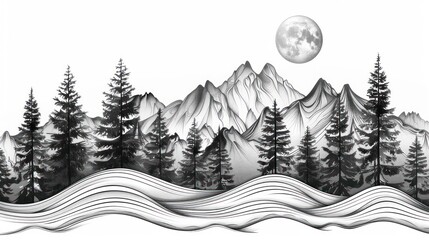 Fototapeta premium Monochrome mountain range landscape with full moon and pine trees.