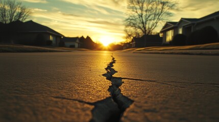 Crack in the Pavement at Sunset, Golden Hour, Asphalt, Urban Landscape