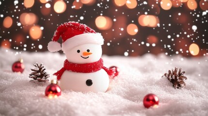 Snowman in a Santa Hat and Scarf in Snow with Christmas Ornaments and Pine Cones