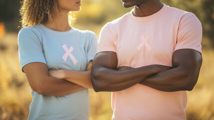 Couple Wearing Pink and Blue Ribbon T Shirts for Breast Cancer Awareness