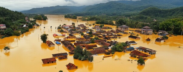 Obraz premium Aerial View of Flooded Village in Mountainous Landscape, Flood, Natural Disaster