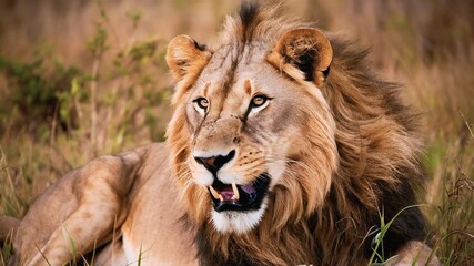 Naklejka premium Stunning lion image showcasing the majestic king of the jungle in natural habitats and striking poses. Perfect for wildlife projects and prints. #Lion #WildlifePhotography #Nature