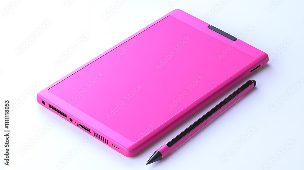 Poster a sleek, compact magenta touchscreen device with a stylus, displayed on a clean white background in 