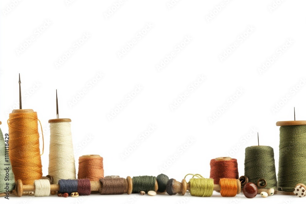 Fototapete Sewing essentials including colorful threads, needles, and buttons are neatly arranged on a white background with space for additional text. Generative AI
