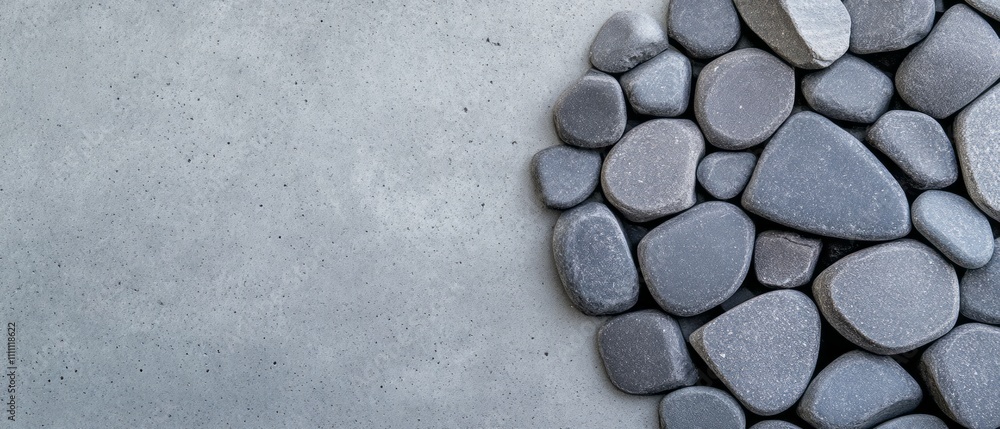 Poster smooth gray pebbles are carefully arranged on a textured concrete background, adding texture