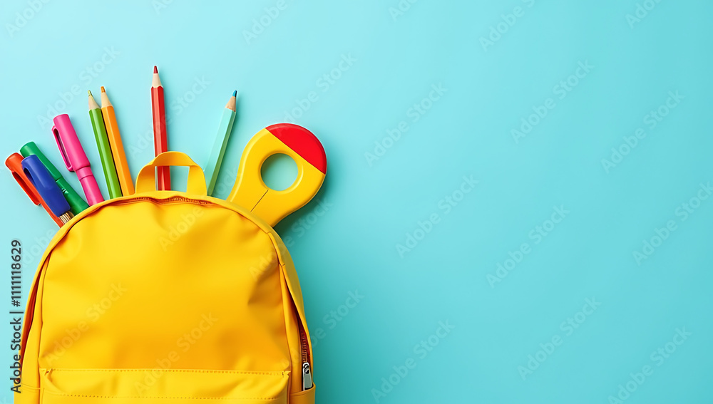 Aufkleber A colorful array of school supplies including a yellow backpack are displayed on a soft pastel blue background in a top down view._00001_