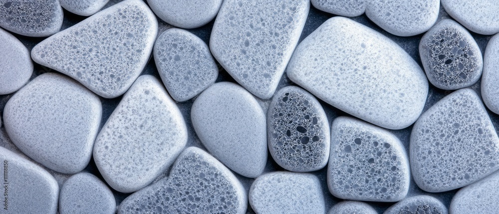 Poster smooth gray stones of various shapes and sizes are tightly arranged on a surface