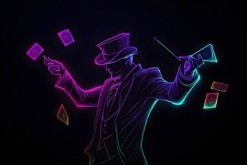 An electrifying performance by a neon magician showcasing impressive card tricks in a mysterious black setting.