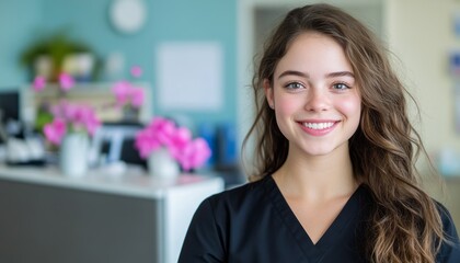 Fototapeta premium Young woman smiles warmly while standing in a cheerful office decorated with flowers