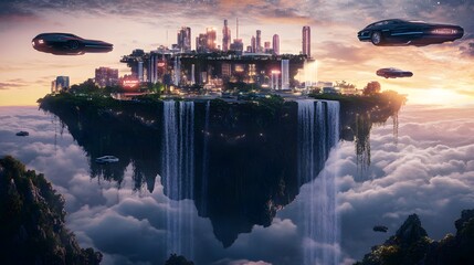 Floating cityscape with flying cars above waterfalls during sunset in a futuristic setting