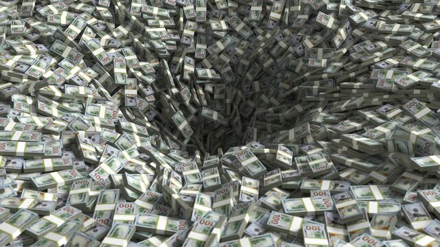 Bundles of Dollars are Draining into the Hole, 3d animation, Ultra HD 4K 3840x2160