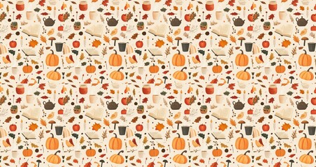 seamless pattern of Autumn cozy aesthetic  orange pumpkins, warm browns  fall season, comfort, warmth 